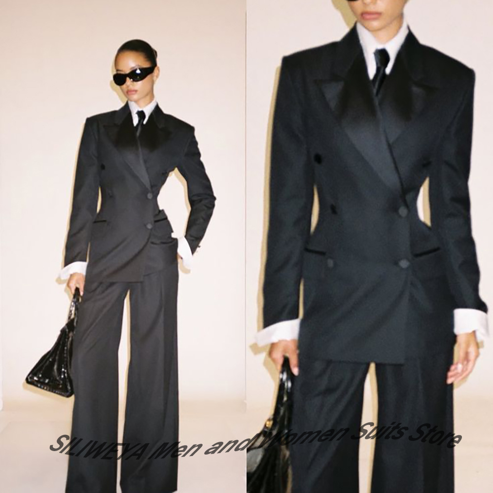 Women Formal Wear Outfits - Professional Women's Black Double-Breasted Suit Slim