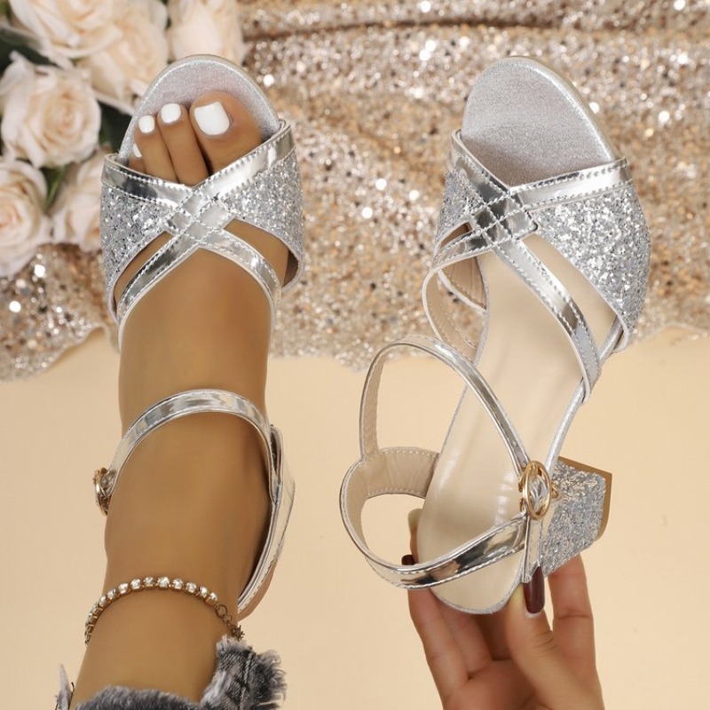 Women'S Formal Wear For Wedding - Women Block Heels Sandals Gold Sparkly