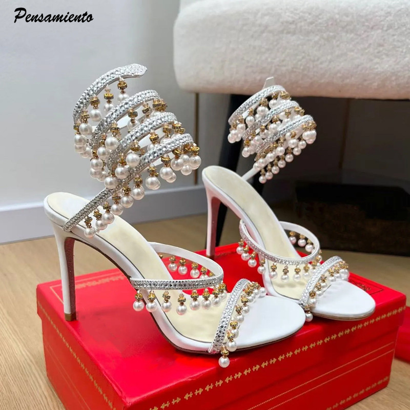 Women'S Formal Wear For Wedding - Luxury Rhinestones Pearls Tassels Women Gladiator