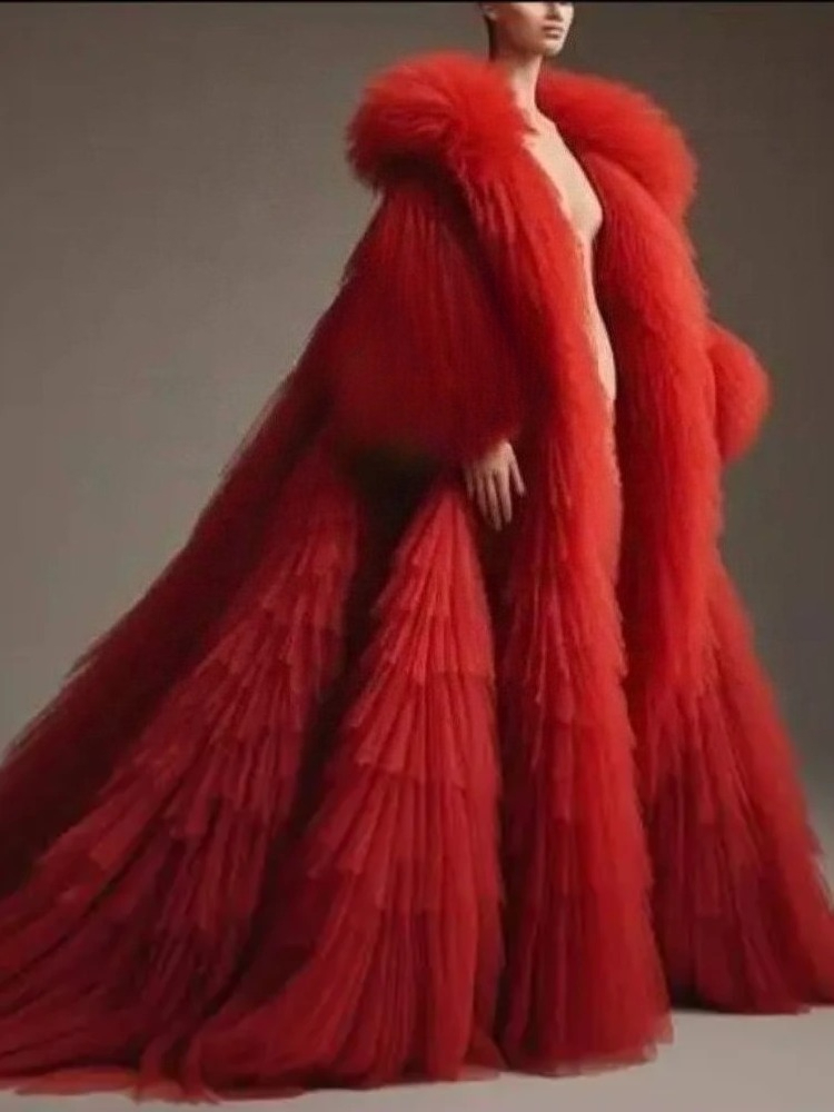 Red Fluffy Pleated Ruffled Lon - Women'S Red Formal Wear review and price